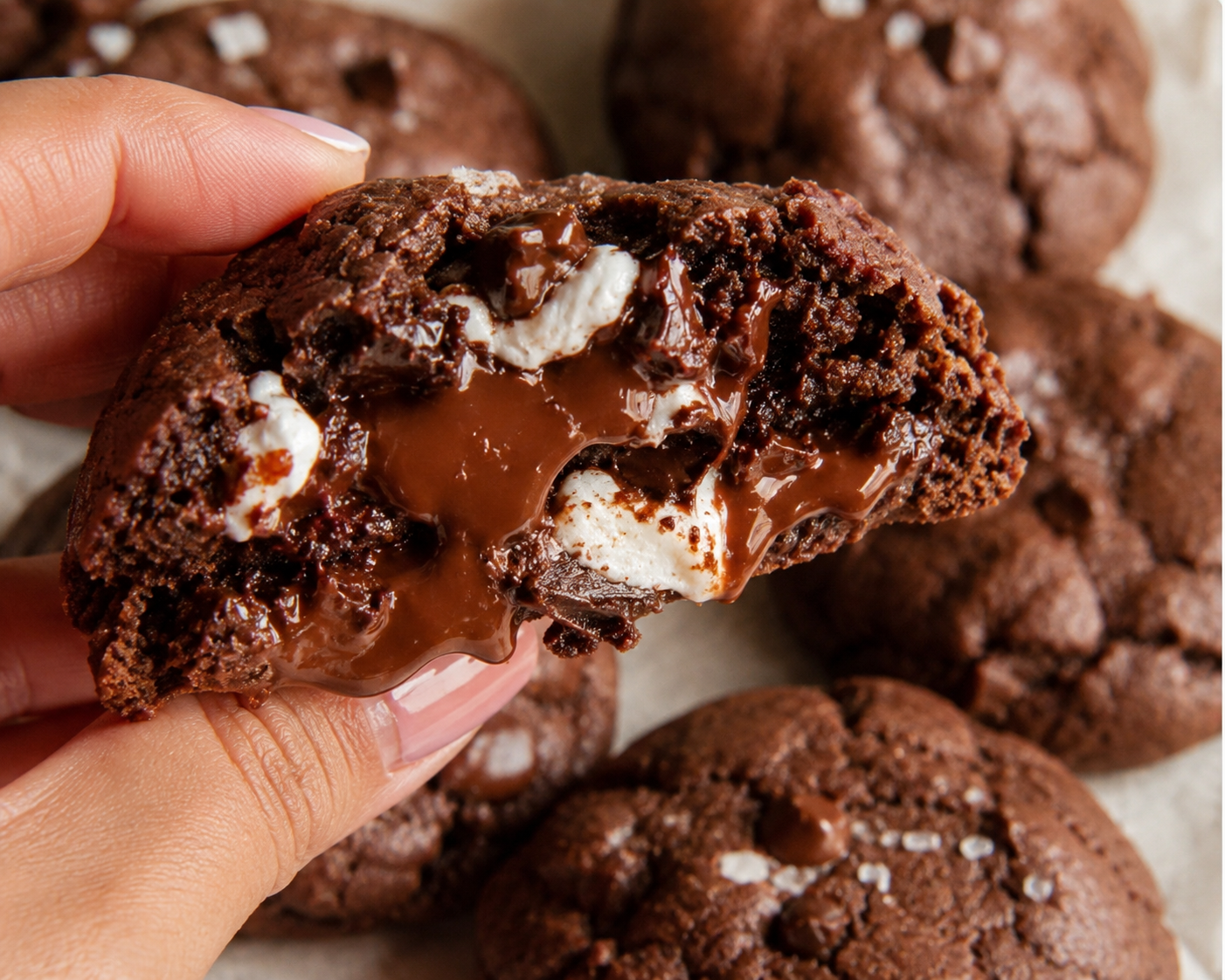 Cookie gruesa abierta a la mitad con relleno de chocolate derretido
